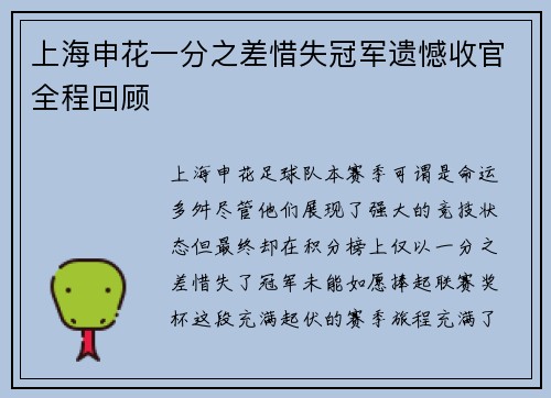 上海申花一分之差惜失冠军遗憾收官全程回顾 上海申花一分之差惜失冠军遗憾收官全程回顾