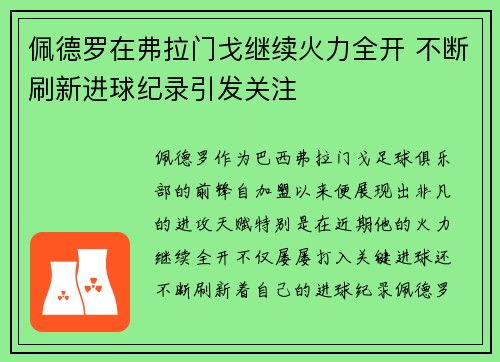 佩德罗在弗拉门戈继续火力全开 不断刷新进球纪录引发关注 佩德罗在弗拉门戈继续火力全开 不断刷新进球纪录引发关注